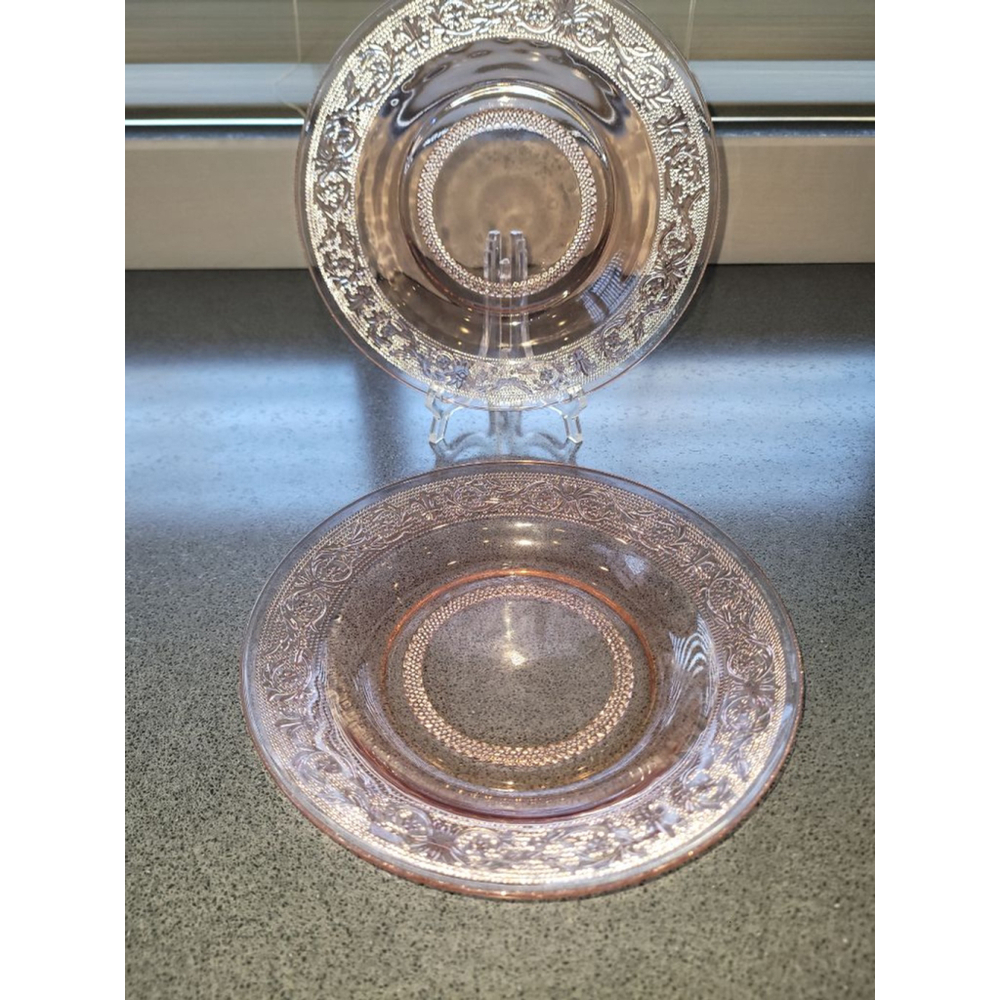 Vintage KIG Pink Depression Glass Plates Fleur De Lis Trellis Pattern Set of 2